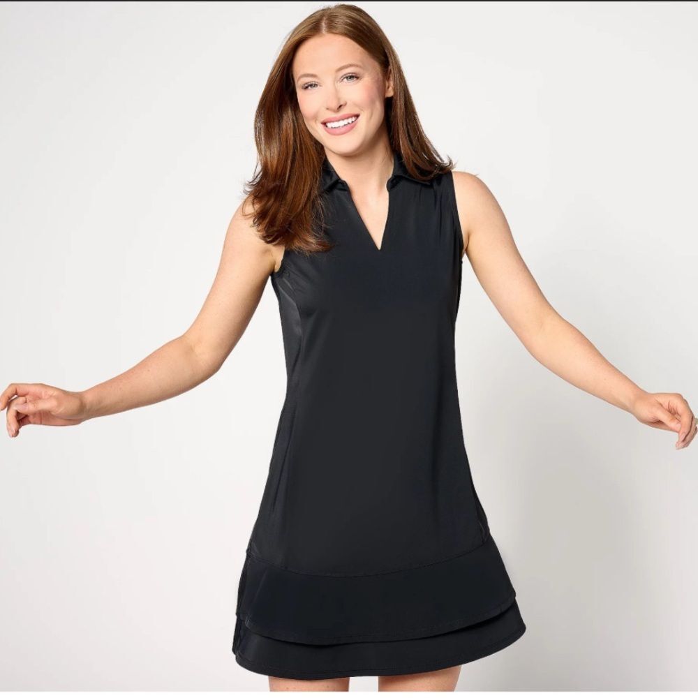 Denim & Co. Beach Ruffled Hem Swim Cover-Up Dress w/Collar Black Size XL
